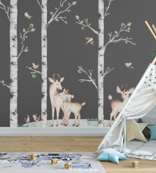 Forest - Lesní motiv /  nalepky-na-stenu-forest-brezy-jelencek-par-jelencekov-vtaciky-a-trava-k01-lovel-01.jpg 
