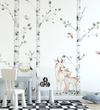 Forest - Lesní motiv /  nalepky-na-stenu-forest-brezy-par-jelencekov-vtaciky-a-trava-k03-lovel-02.jpg 